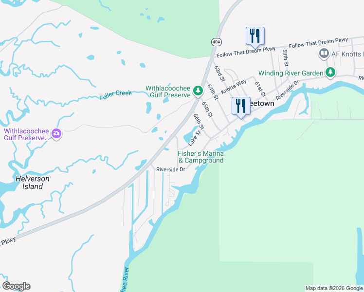 map of restaurants, bars, coffee shops, grocery stores, and more near 6619-6699 Lake Street in Yankeetown