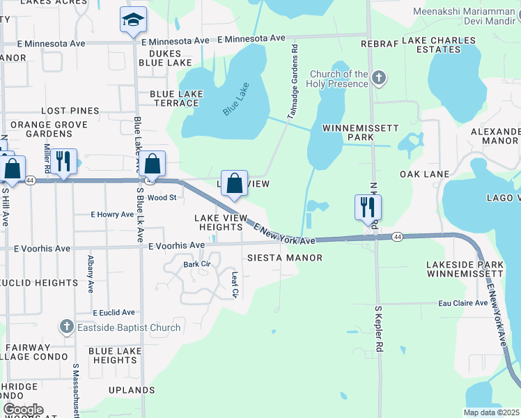 map of restaurants, bars, coffee shops, grocery stores, and more near 1825 East New York Avenue in DeLand