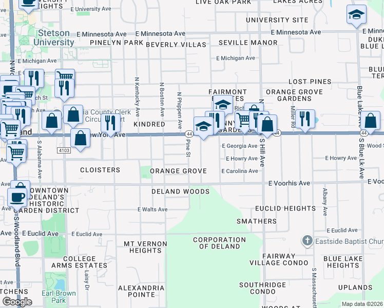 map of restaurants, bars, coffee shops, grocery stores, and more near 146 South Chandler Avenue in DeLand