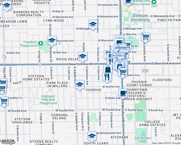 map of restaurants, bars, coffee shops, grocery stores, and more near 333 West Howry Avenue in DeLand