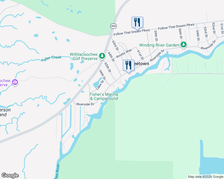 map of restaurants, bars, coffee shops, grocery stores, and more near 6509 Riverside Drive in Yankeetown