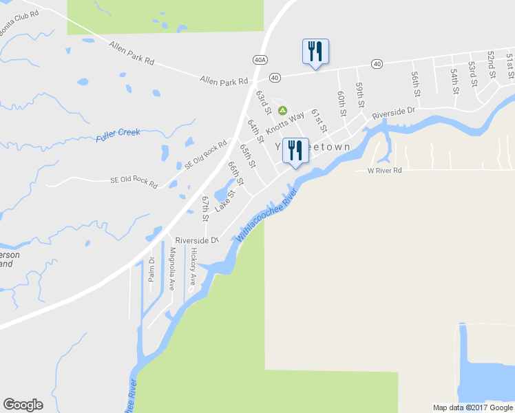 map of restaurants, bars, coffee shops, grocery stores, and more near 6509 Riverside Drive in Yankeetown