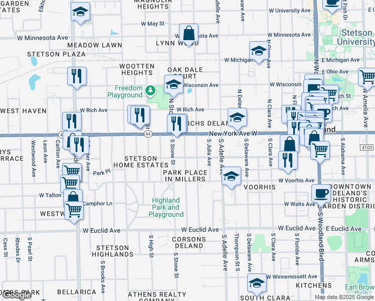 map of restaurants, bars, coffee shops, grocery stores, and more near 133 South Salisbury Avenue in DeLand