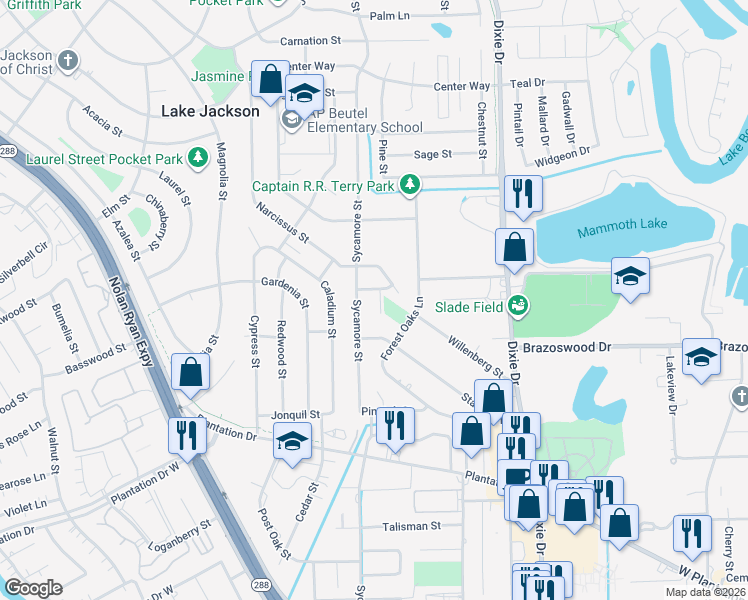 map of restaurants, bars, coffee shops, grocery stores, and more near 58 Aloe Vera Court in Lake Jackson
