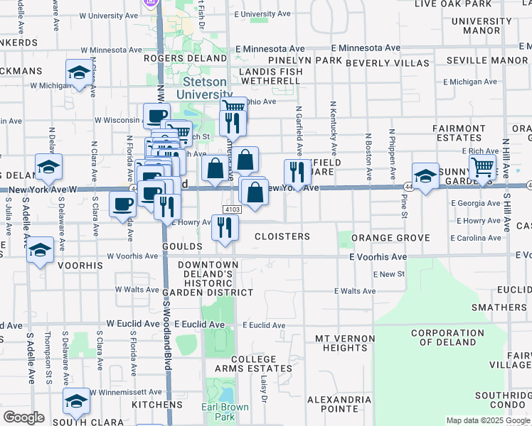 map of restaurants, bars, coffee shops, grocery stores, and more near 342 East Howry Avenue in DeLand