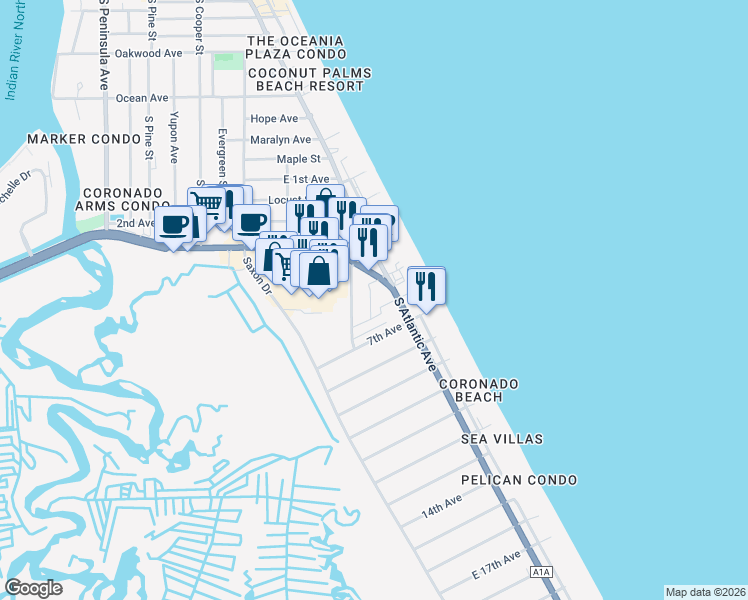 map of restaurants, bars, coffee shops, grocery stores, and more near 1600 South Atlantic Avenue in New Smyrna Beach