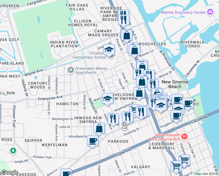 map of restaurants, bars, coffee shops, grocery stores, and more near 419 North Myrtle Avenue in New Smyrna Beach