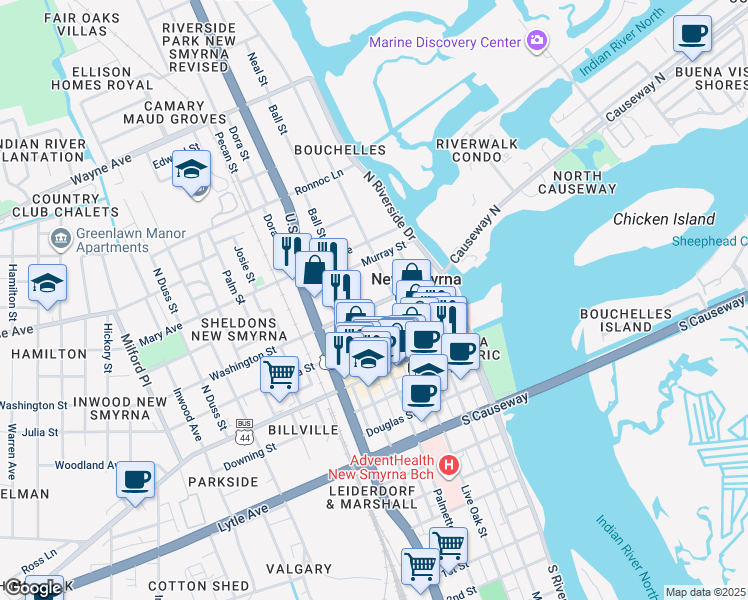 map of restaurants, bars, coffee shops, grocery stores, and more near 212 Washington Street in New Smyrna Beach