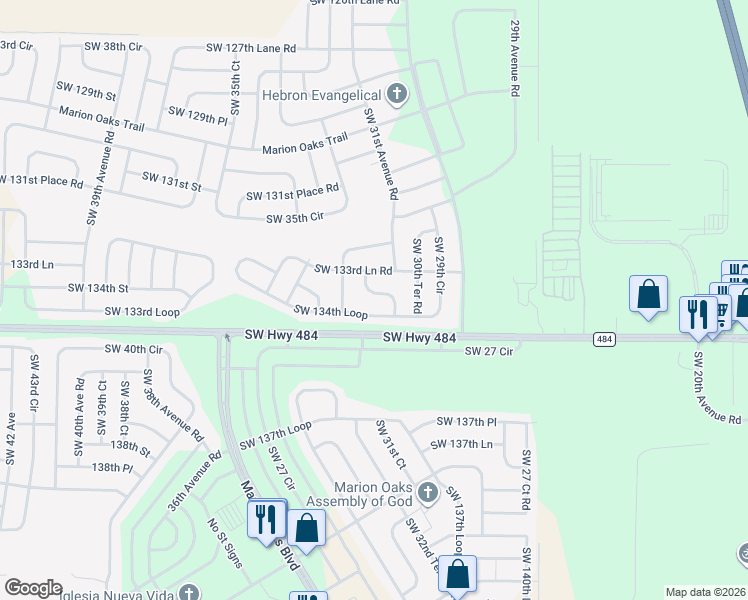 map of restaurants, bars, coffee shops, grocery stores, and more near Southwest 134th Lane in Ocala
