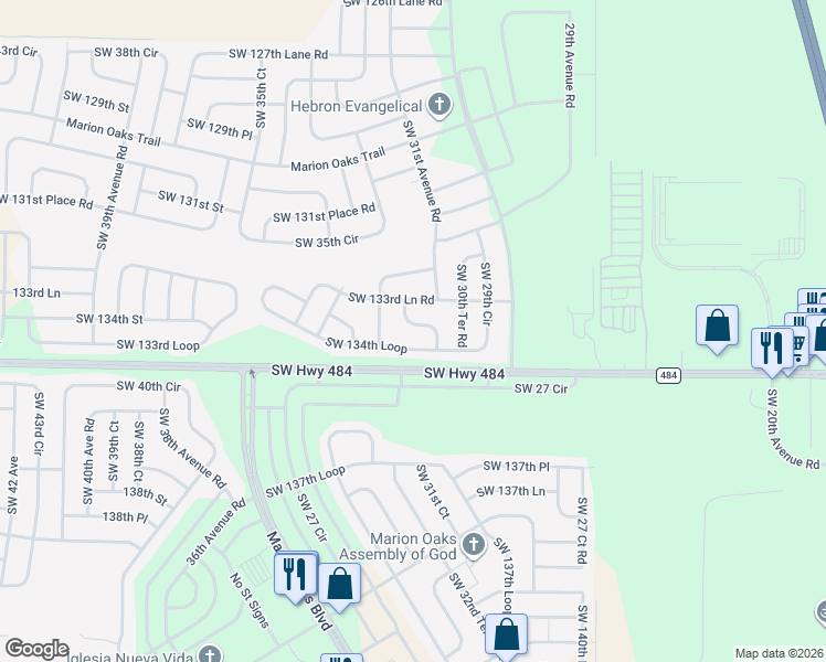 map of restaurants, bars, coffee shops, grocery stores, and more near Southwest 134th Lane in Ocala