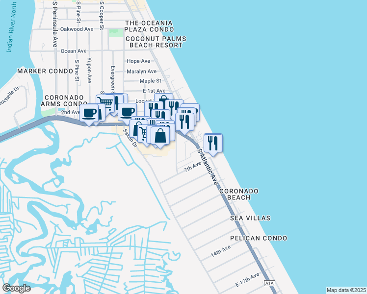map of restaurants, bars, coffee shops, grocery stores, and more near 1415 Southard Avenue in New Smyrna Beach