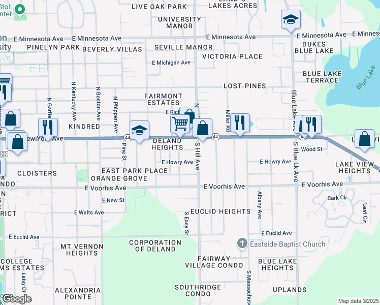 map of restaurants, bars, coffee shops, grocery stores, and more near 1016 East Georgia Avenue in DeLand