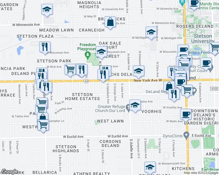 map of restaurants, bars, coffee shops, grocery stores, and more near 635 West Howry Avenue in DeLand