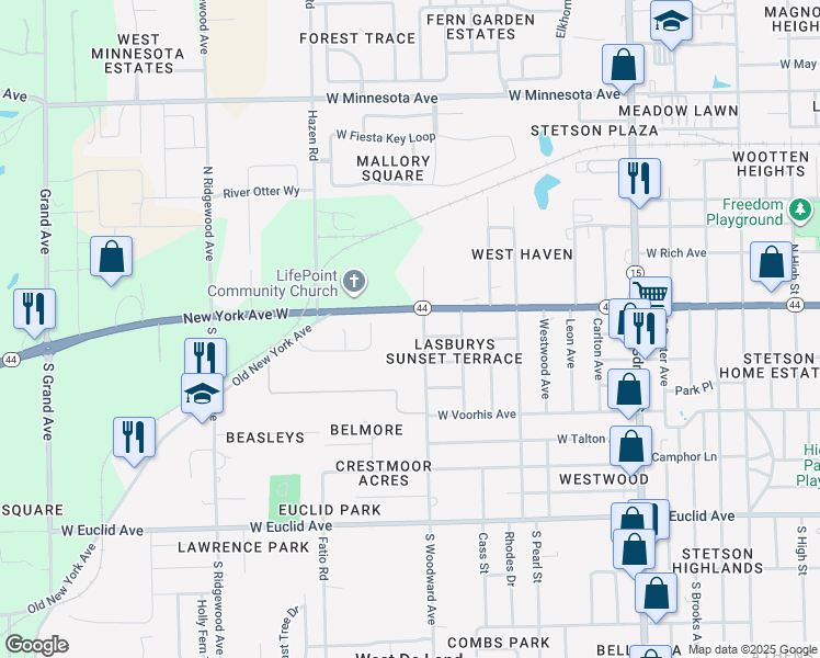 map of restaurants, bars, coffee shops, grocery stores, and more near 1600 West New York Avenue in DeLand