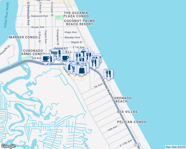 map of restaurants, bars, coffee shops, grocery stores, and more near 1415 Southard Avenue in New Smyrna Beach
