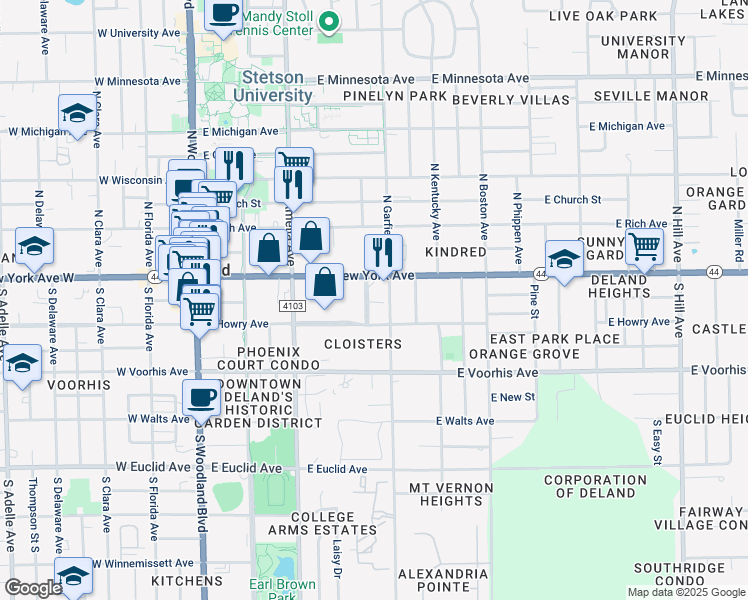 map of restaurants, bars, coffee shops, grocery stores, and more near 137 South Arlington Avenue in DeLand