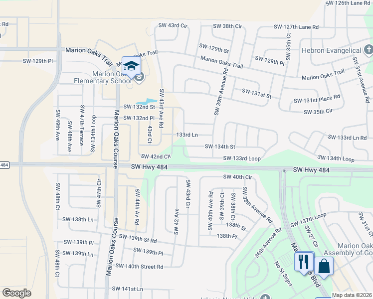 map of restaurants, bars, coffee shops, grocery stores, and more near 4102 Southwest 133rd Loop in Ocala