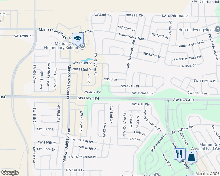 map of restaurants, bars, coffee shops, grocery stores, and more near 4102 Southwest 133rd Loop in Ocala