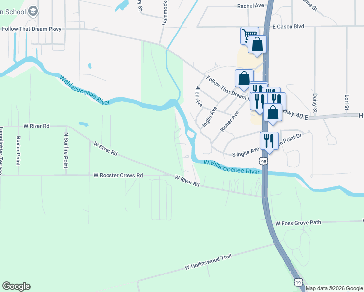 map of restaurants, bars, coffee shops, grocery stores, and more near 11405 North Honey Jordan Point in Inglis