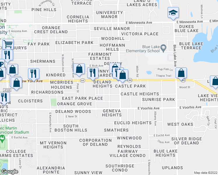 map of restaurants, bars, coffee shops, grocery stores, and more near South Colorado Avenue in DeLand