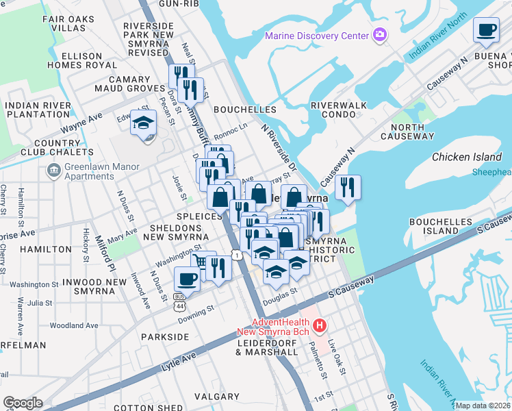 map of restaurants, bars, coffee shops, grocery stores, and more near 312 Faulkner Street in New Smyrna Beach