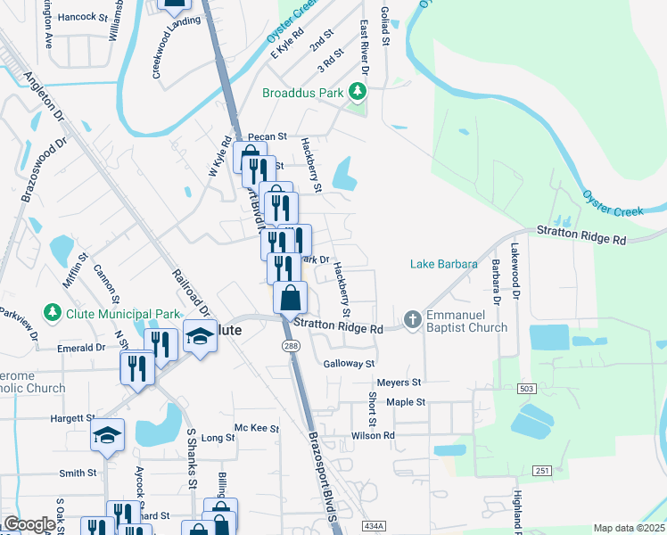 map of restaurants, bars, coffee shops, grocery stores, and more near 107 Oak Park Drive in Clute