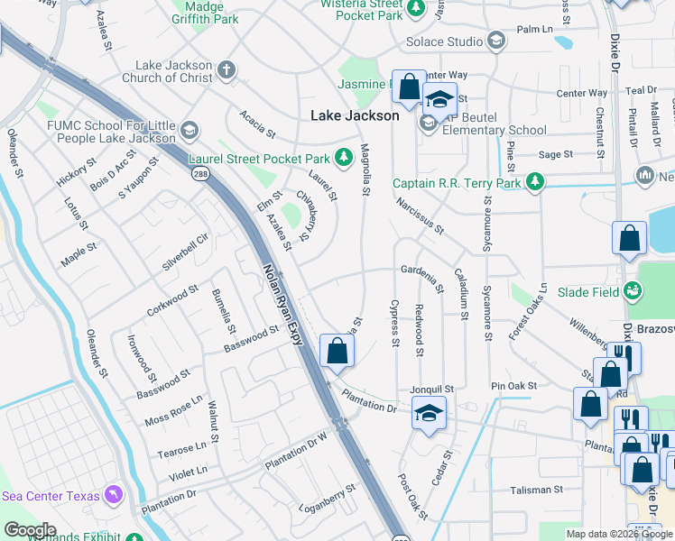 map of restaurants, bars, coffee shops, grocery stores, and more near 858 Magnolia Street in Lake Jackson