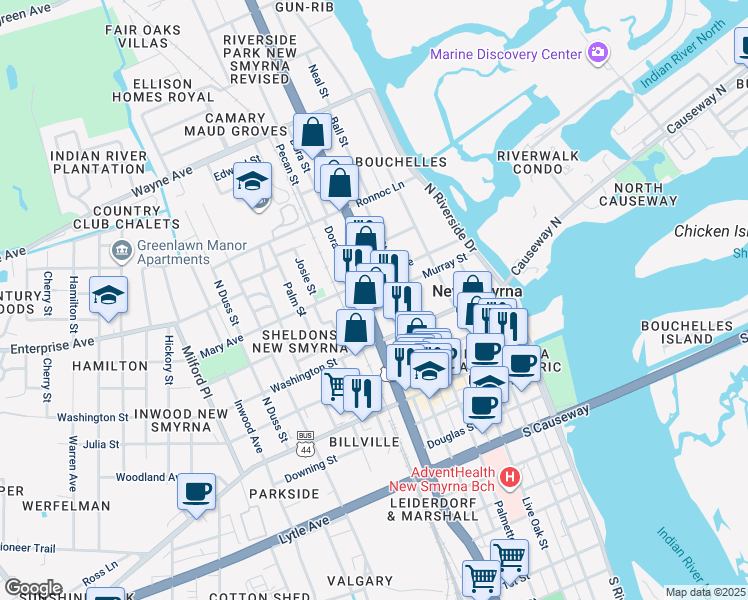 map of restaurants, bars, coffee shops, grocery stores, and more near 406 North Orange Street in New Smyrna Beach