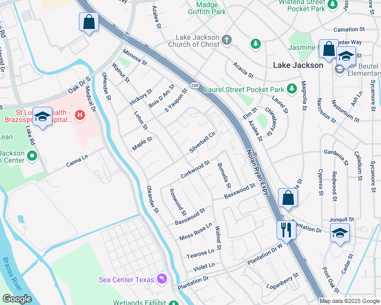 map of restaurants, bars, coffee shops, grocery stores, and more near 58 Joshua Court in Lake Jackson