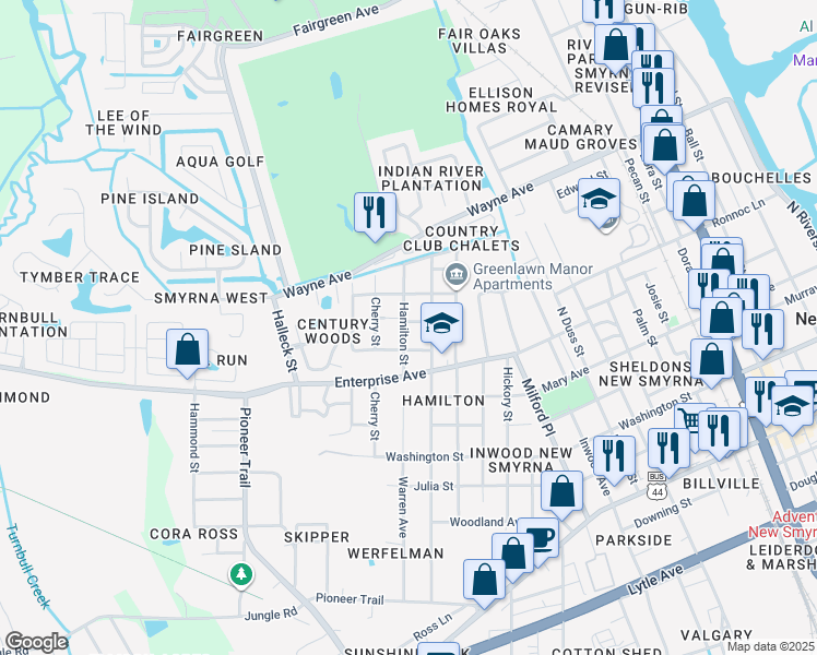 map of restaurants, bars, coffee shops, grocery stores, and more near 717 Hamilton Street in New Smyrna Beach