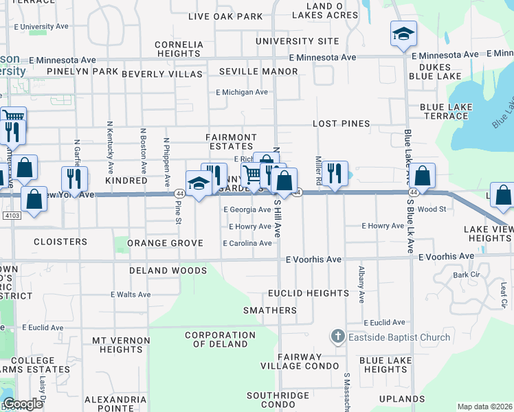 map of restaurants, bars, coffee shops, grocery stores, and more near 1010 East New York Avenue in DeLand