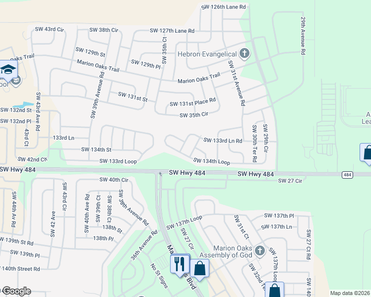 map of restaurants, bars, coffee shops, grocery stores, and more near 3462 Southwest 133rd Lane Road in Ocala