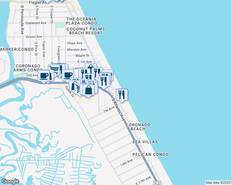 map of restaurants, bars, coffee shops, grocery stores, and more near 1571 South Atlantic Avenue in New Smyrna Beach