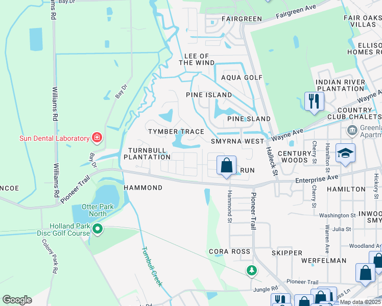 map of restaurants, bars, coffee shops, grocery stores, and more near 689 Rochester Court in New Smyrna Beach