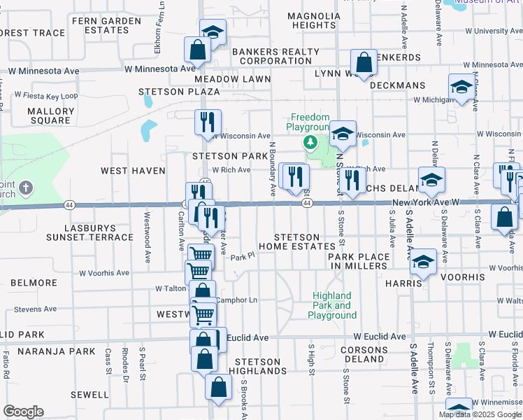 map of restaurants, bars, coffee shops, grocery stores, and more near 915 Florida 44 in DeLand
