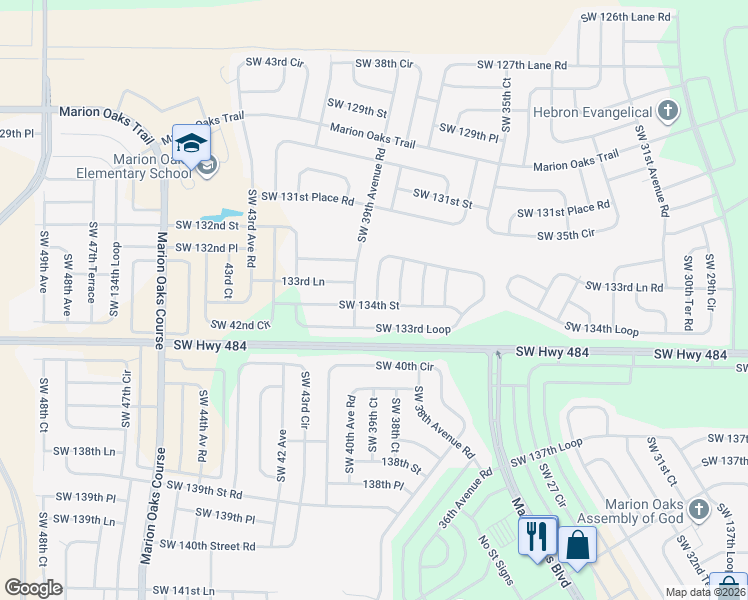 map of restaurants, bars, coffee shops, grocery stores, and more near 3636 Southwest 133rd Loop in Ocala