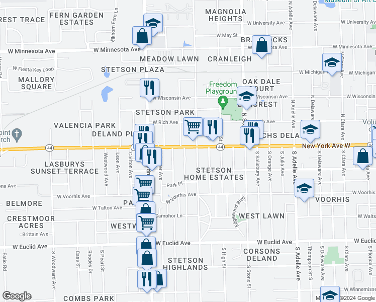 map of restaurants, bars, coffee shops, grocery stores, and more near 915 Florida 44 in DeLand