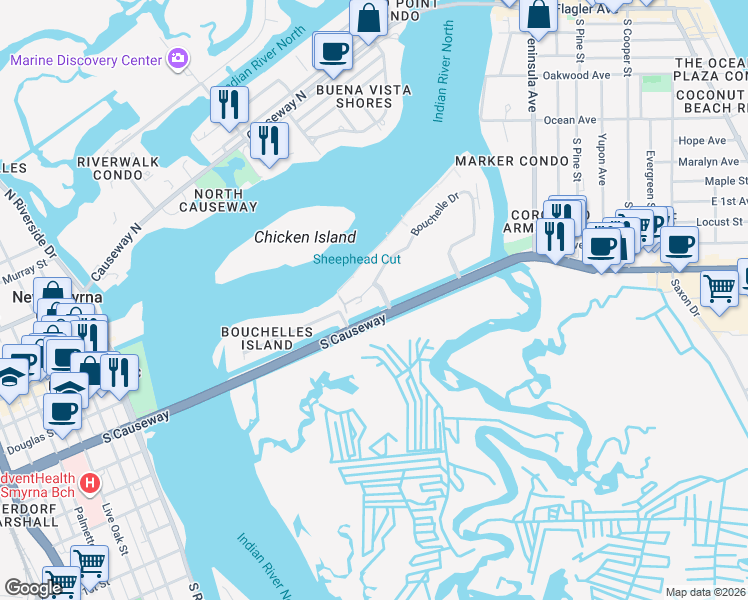 map of restaurants, bars, coffee shops, grocery stores, and more near 464 Bouchelle Drive in New Smyrna Beach