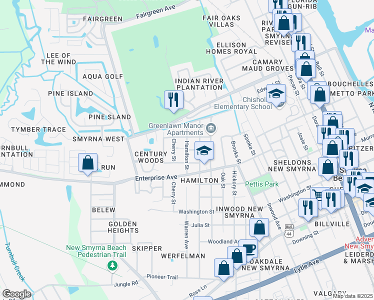 map of restaurants, bars, coffee shops, grocery stores, and more near 799 Hamilton Street in New Smyrna Beach