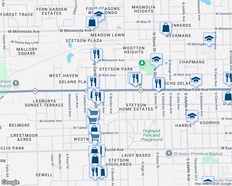 map of restaurants, bars, coffee shops, grocery stores, and more near 920 West New York Avenue in DeLand