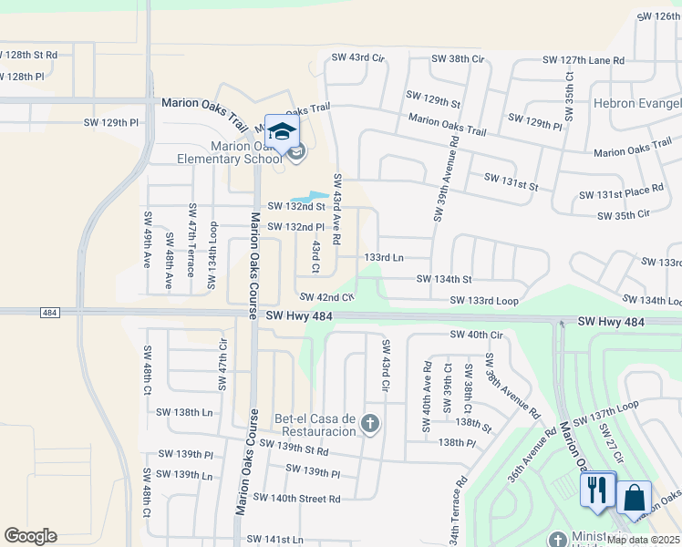 map of restaurants, bars, coffee shops, grocery stores, and more near 13389 Southwest 43rd Avenue Road in Ocala