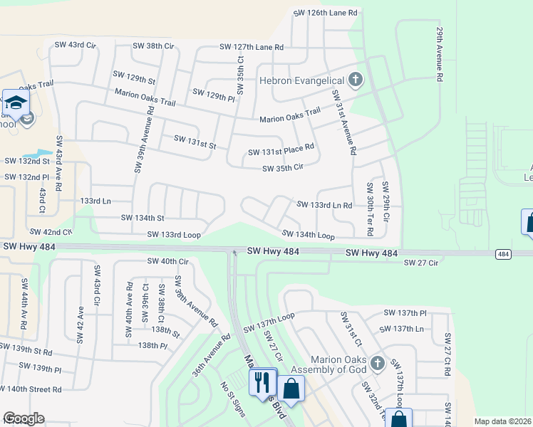 map of restaurants, bars, coffee shops, grocery stores, and more near 3462 Southwest 133rd Lane Road in Ocala