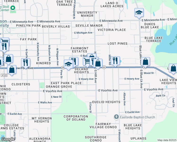 map of restaurants, bars, coffee shops, grocery stores, and more near 105 South Colorado Avenue in DeLand