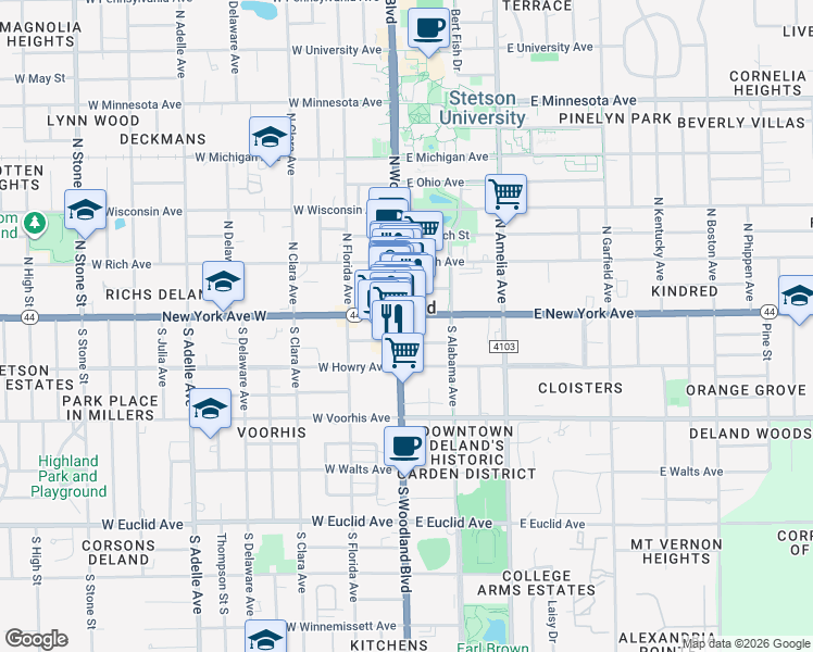 map of restaurants, bars, coffee shops, grocery stores, and more near in DeLand
