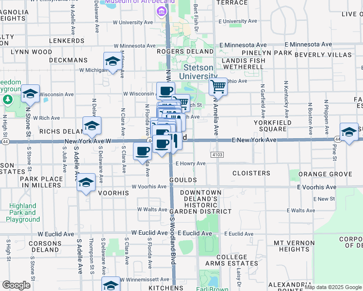 map of restaurants, bars, coffee shops, grocery stores, and more near in DeLand