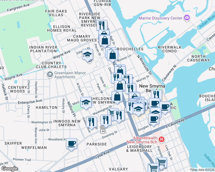 map of restaurants, bars, coffee shops, grocery stores, and more near 511 Mary Avenue in New Smyrna Beach