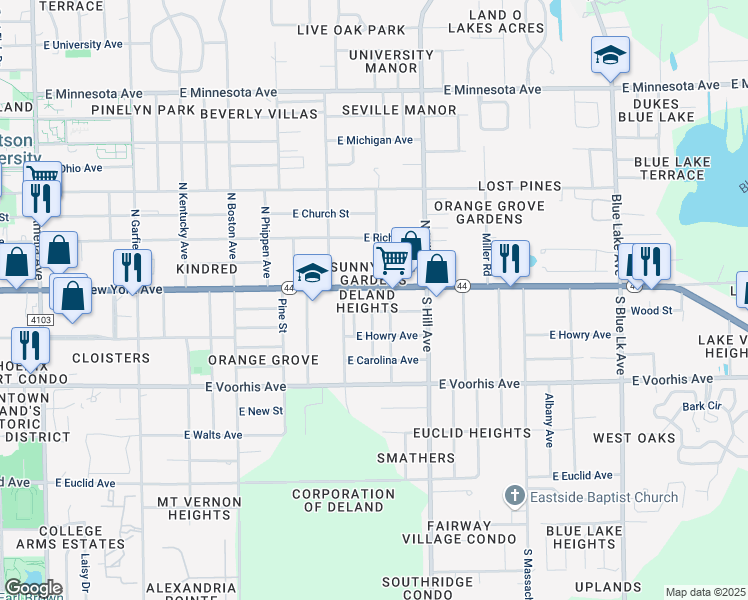 map of restaurants, bars, coffee shops, grocery stores, and more near 920 East New York Avenue in DeLand