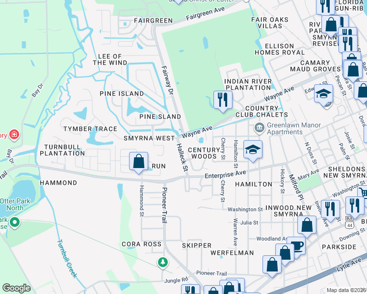 map of restaurants, bars, coffee shops, grocery stores, and more near 611 Turnstone Trce in New Smyrna Beach
