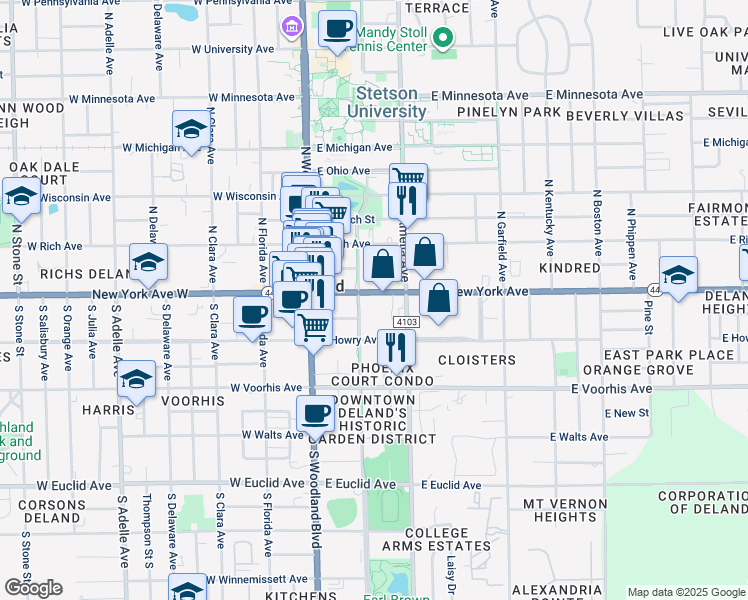 map of restaurants, bars, coffee shops, grocery stores, and more near 228 East New York Avenue in DeLand