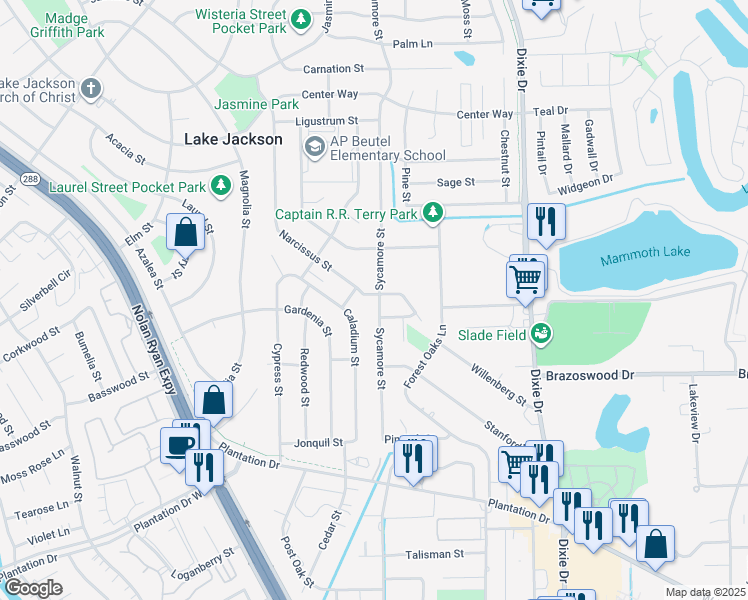 map of restaurants, bars, coffee shops, grocery stores, and more near 702 Sycamore Street in Lake Jackson